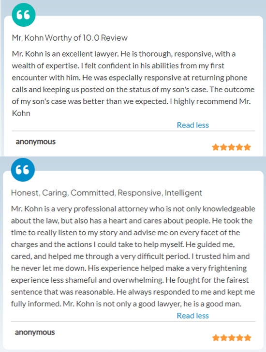 Positive client reviews continue to pour in for Atlanta criminal lawyer Larry Kohn, a 38-year legal veteran with success at trial for DUI, sex crimes, assault, battery, and domestic violence.