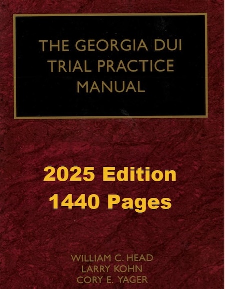 The Georgia DUI Trial Practice Manual is co-authored by Atlanta criminal defense lawyers Bubba Head, Larry Kohn, and Cory Yager. Other Atlanta DUI attorneys refer to this popular manual to help them win cases.