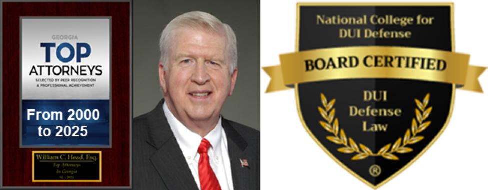 Professional attorney credentials showing Georgia Top Attorneys recognition and National College DUI Defense Board Certification for legal services.