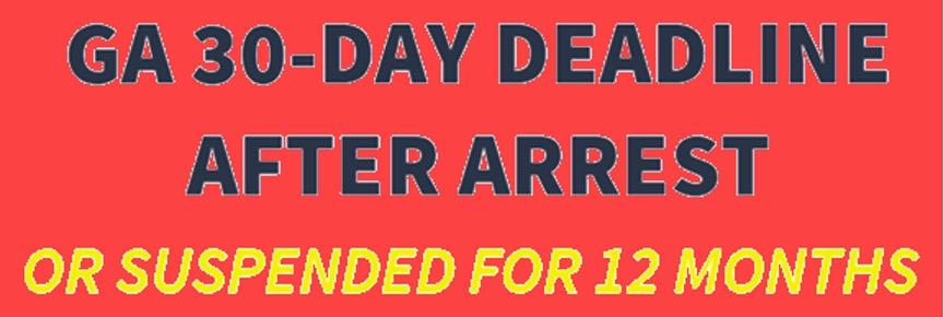 Georgia 30-day deadline after arrest or driver's license suspension for 12 months warning banner.