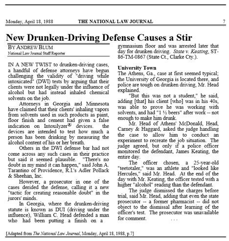 Article about new drunken-driving defense strategies challenging intoxication testing device validity.