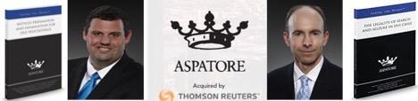 Professional headshots of two lawyers with Aspatore Thomson Reuters branding and book covers.