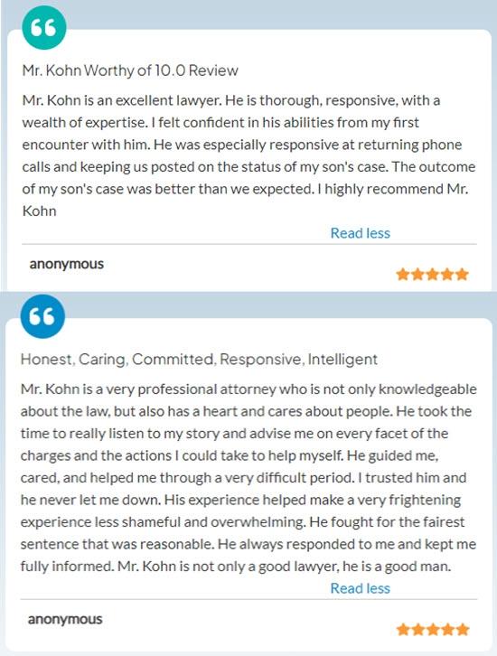 Positive client reviews continue to pour in for Atlanta criminal lawyer Larry Kohn, a 38-year legal veteran with success at trial for DUI, sex crimes, assault, battery, and domestic violence.