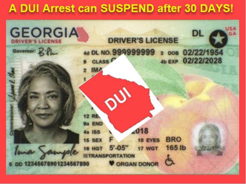 Georgia driver's license with DUI suspension notice highlighting 30-day suspension policy information.