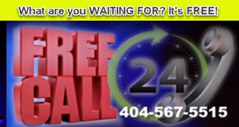 Free legal consultation advertisement with 24-hour phone number 404-567-5515 and bright yellow banner promoting no-cost services.