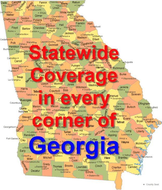 Georgia map showing statewide legal coverage in every county with county seat locations marked.
