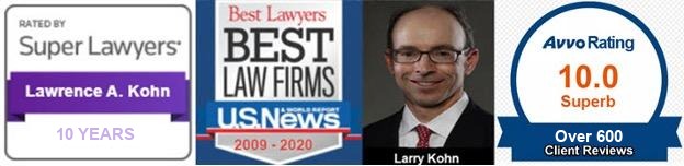 Attorney Lawrence A. Kohn's credentials with Super Lawyers rating, Best Law Firms recognition, professional photo, and Avvo 10.0 rating with 500+ client reviews